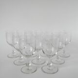 Set of 9 old wine glasses engraved in blown glass, early 20th century