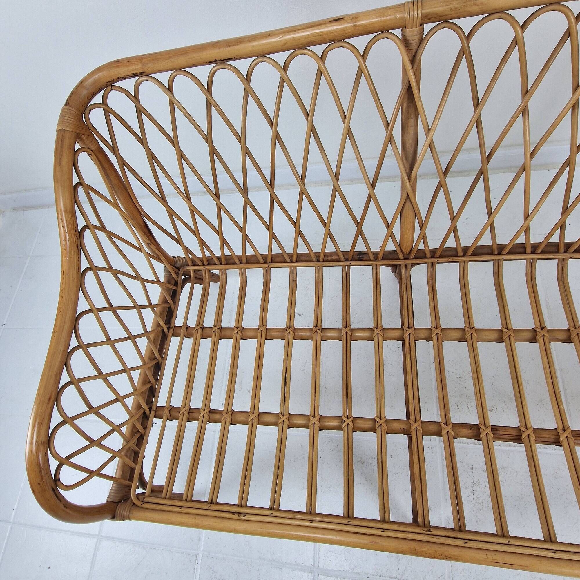 Mid-Century Italian Rattan & Bamboo Settee, ca. 1970