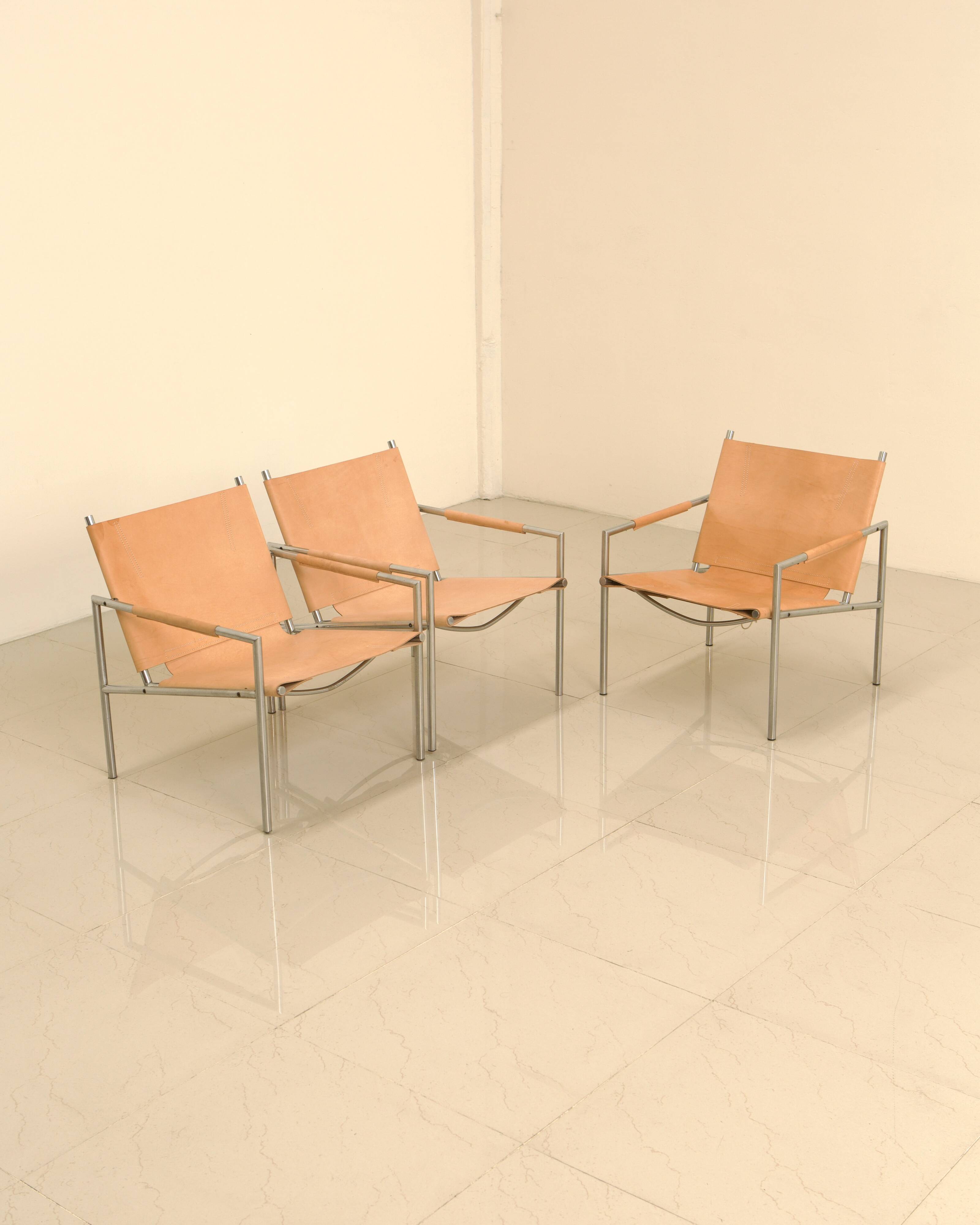 3 "SZ02" armchairs in natural beige leather by Martin Visser for Spectrum 60's
