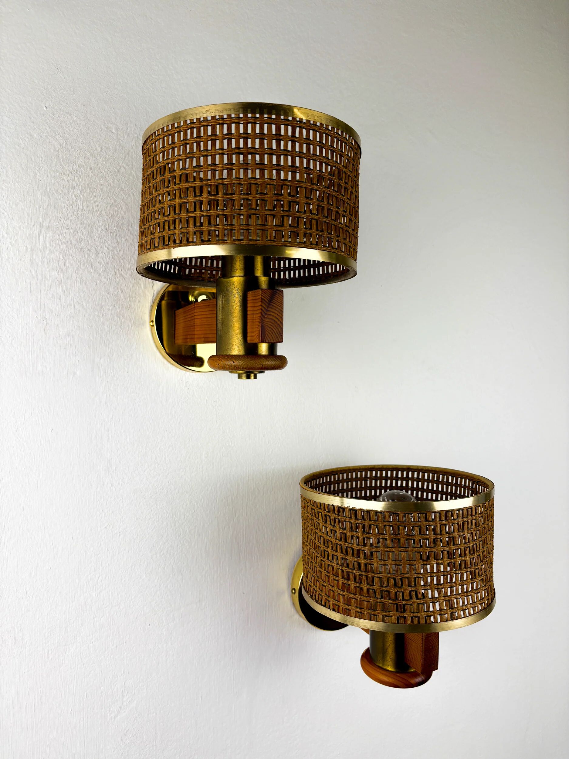 Pair of vintage rattan & wood wall sconces, Italy, 1970s