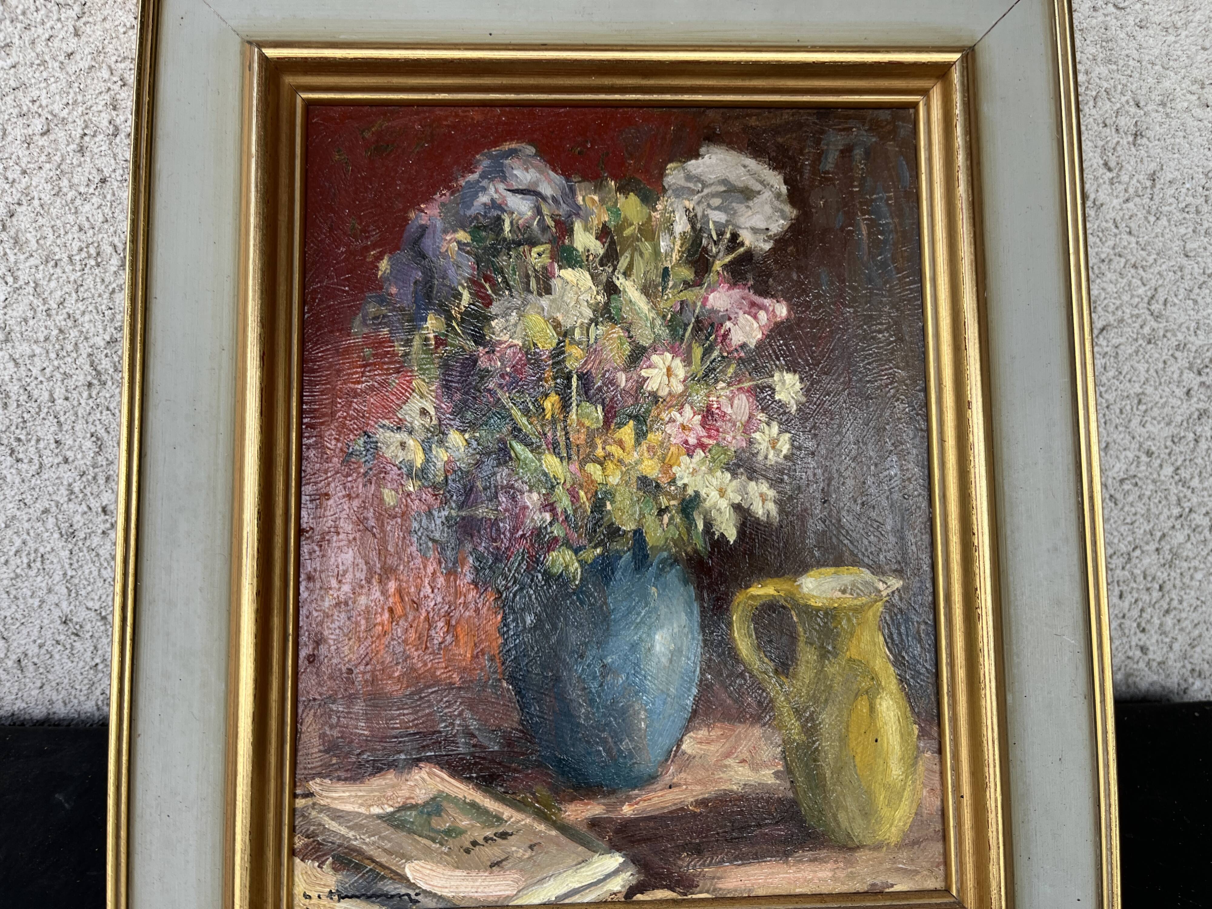 Tableau ancien nature morte "Bouquet de fleurs et pichet" – Huile sur panne
