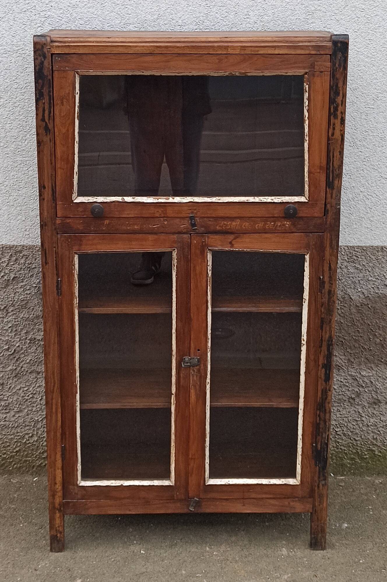 Small wooden glass cabinet with retractable door