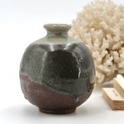 Wabi-sabi round vase in stoneware with green glazing, 1970s ceramics.