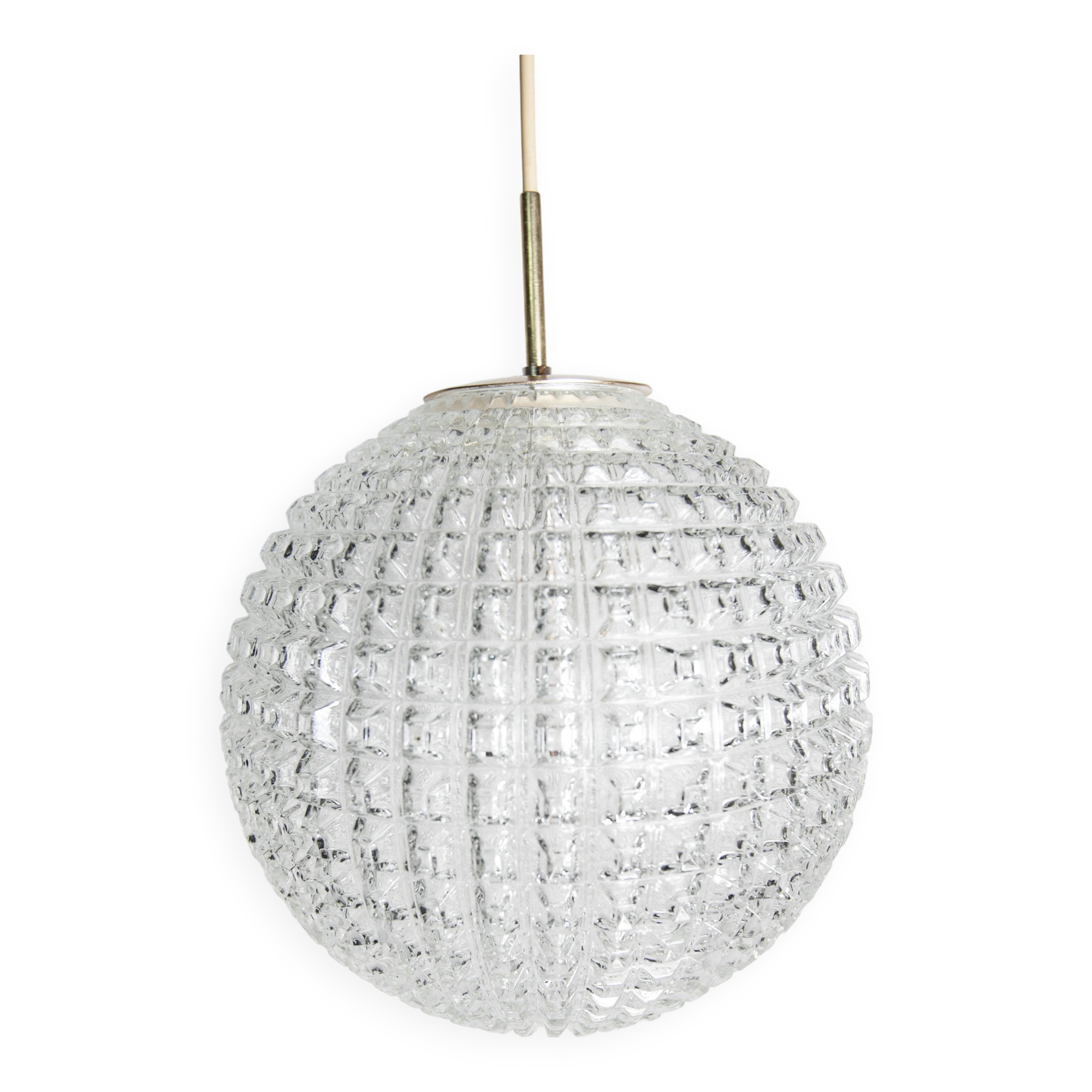 1960s Holophane Ball Pendant Chandelier, Thick Glass, 30 cm, and Vintage Brass