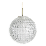 1960s Holophane Ball Pendant Chandelier, Thick Glass, 30 cm, and Vintage Brass