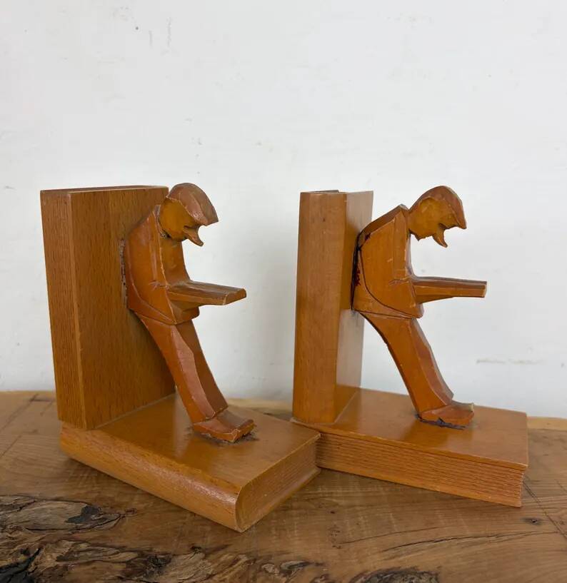 Vintage Mid-Century Cubist German Carved Wood Bookends – Art Deco Style