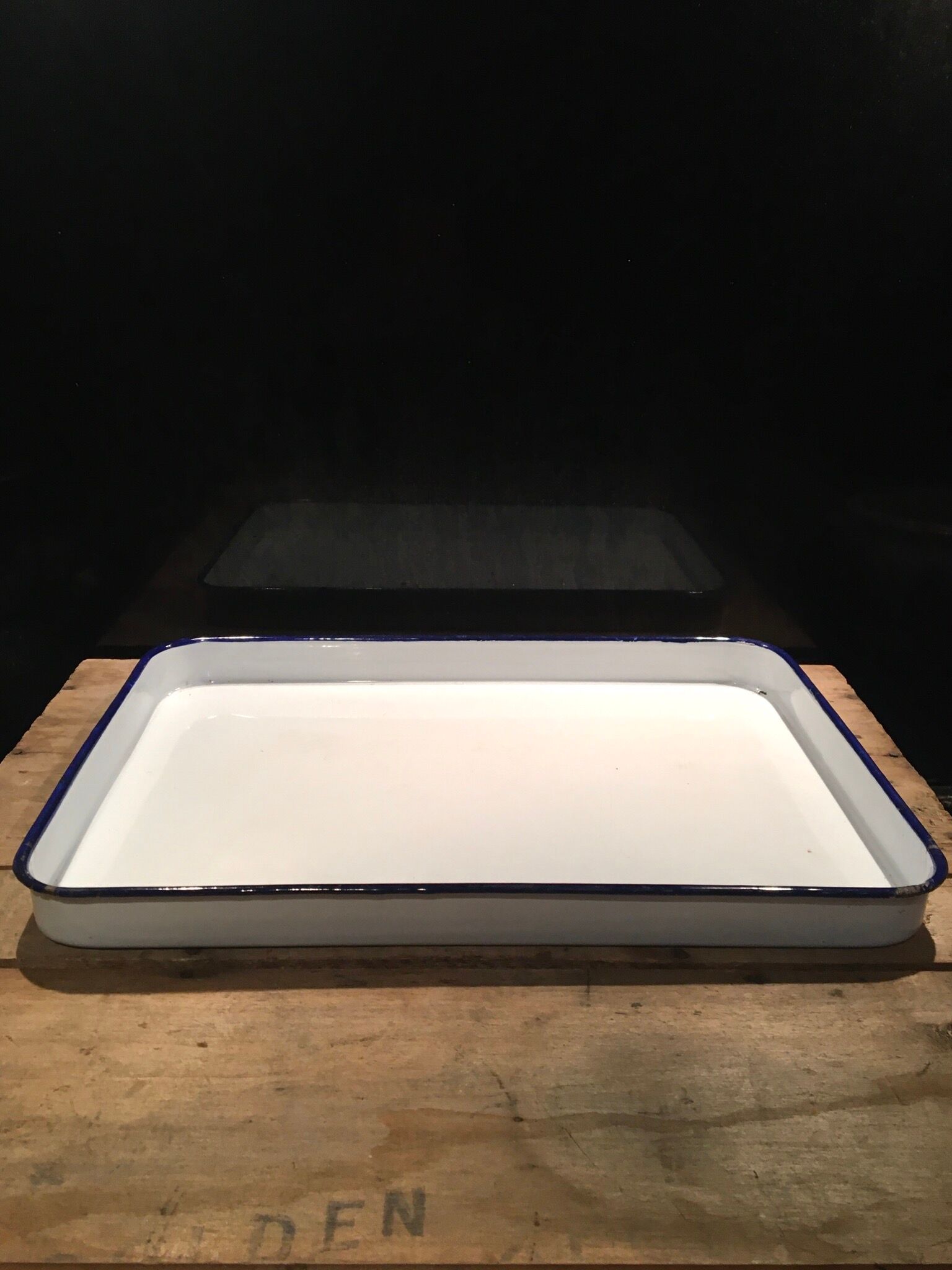 White and navy enamelled plate tray