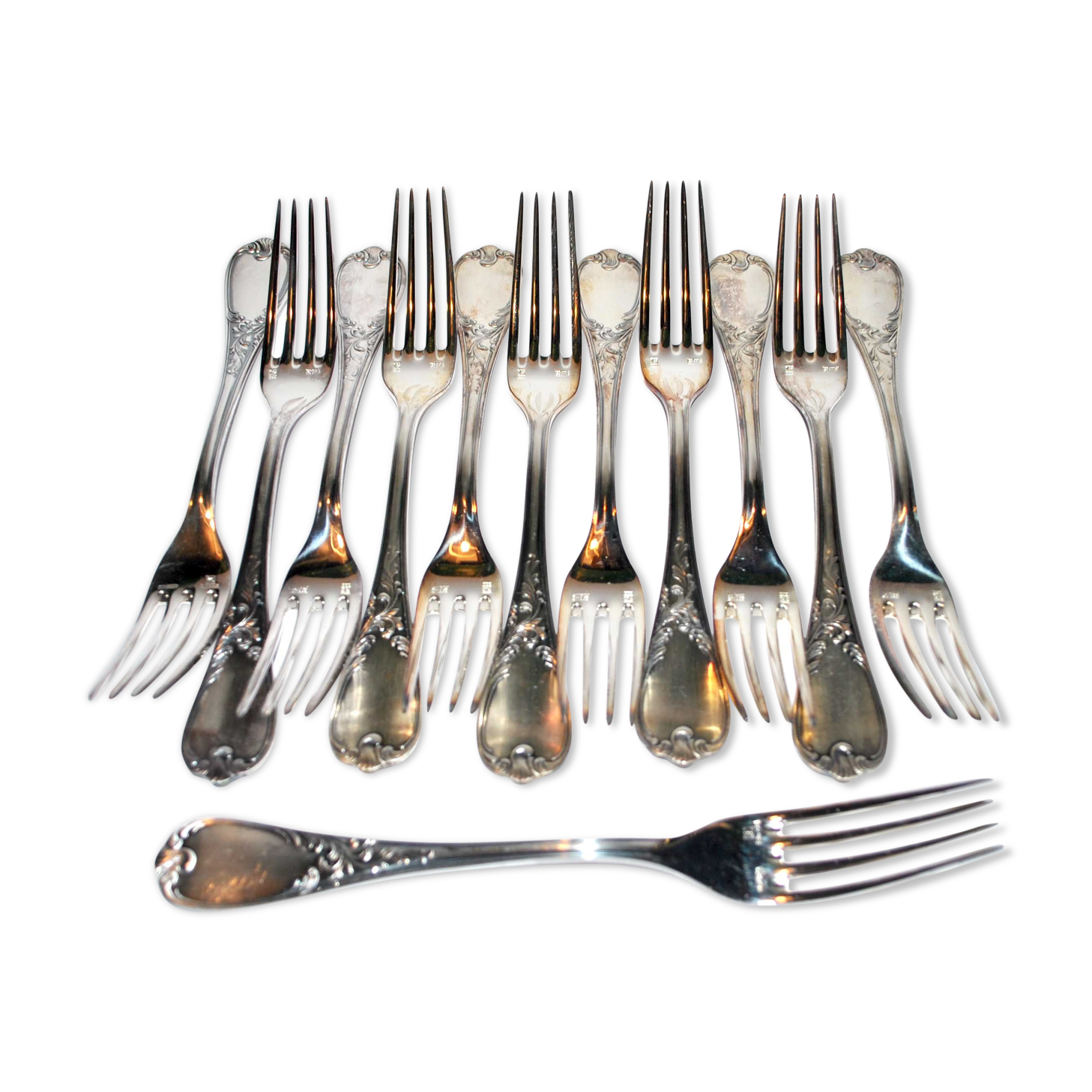 Series of 12 table forks in silver metal ercuis rocaille