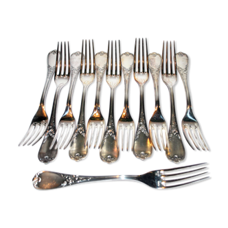 Series of 12 table forks in silver metal ercuis rocaille