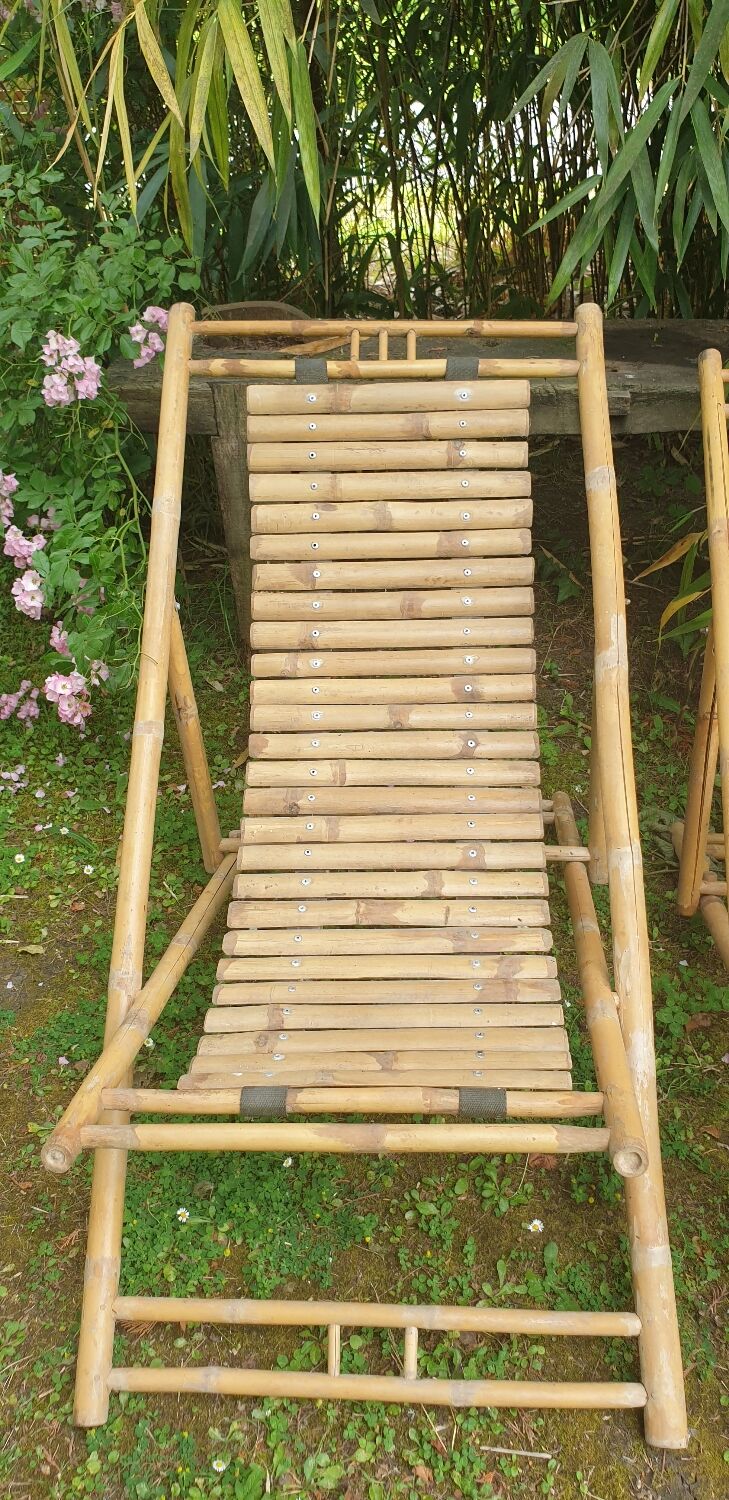 Paire de chaises longues en bambou, transats