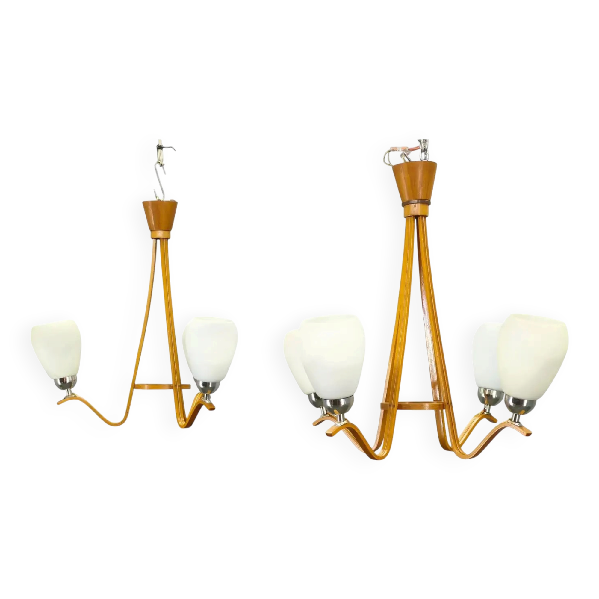 Pair of Czech Mid-Century Wood and Glass Chandeliers by Dřevo Humpolec