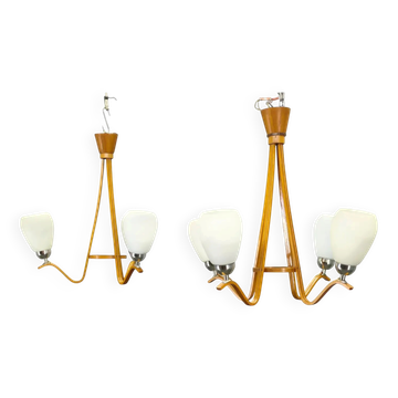 Pair of Czech Mid-Century Wood and Glass Chandeliers by Dřevo Humpolec