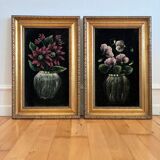 Set vintage original velvet flower oil painting, pair of flower still life art