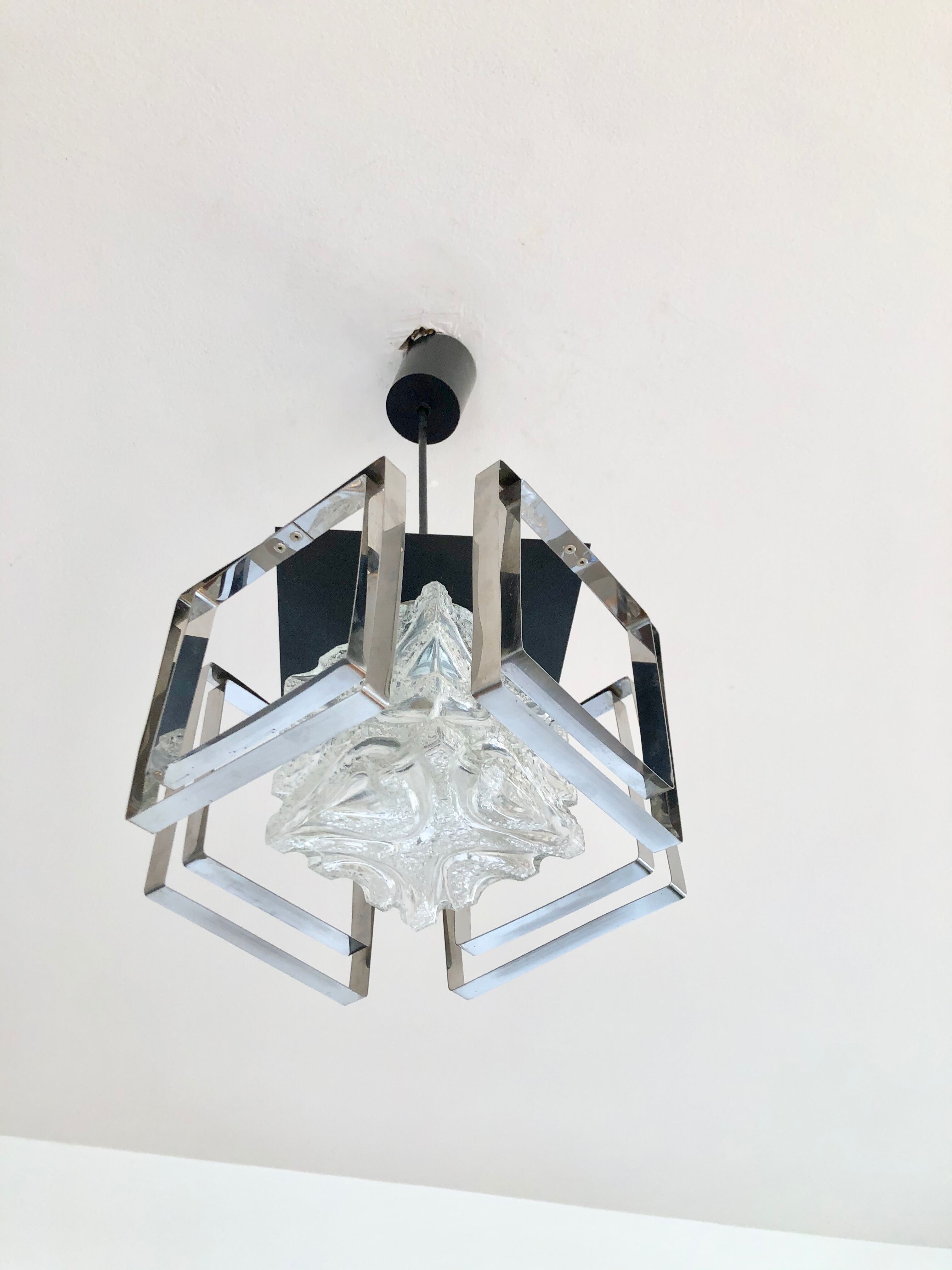 Glass and chrome hanging lamp 1970