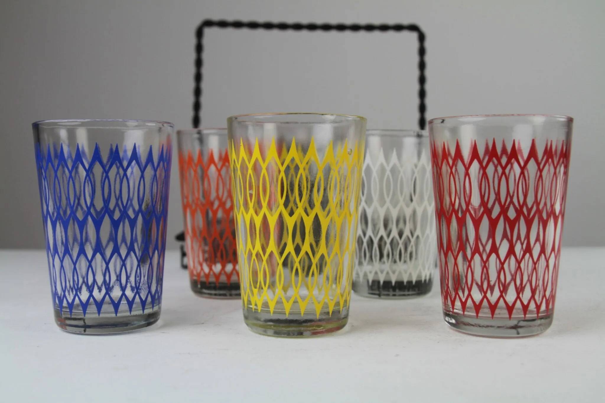 Set of 6 Vintage Lemonade Glasses in Black Metal Carrier — Made in Holland, 1960s/1970s