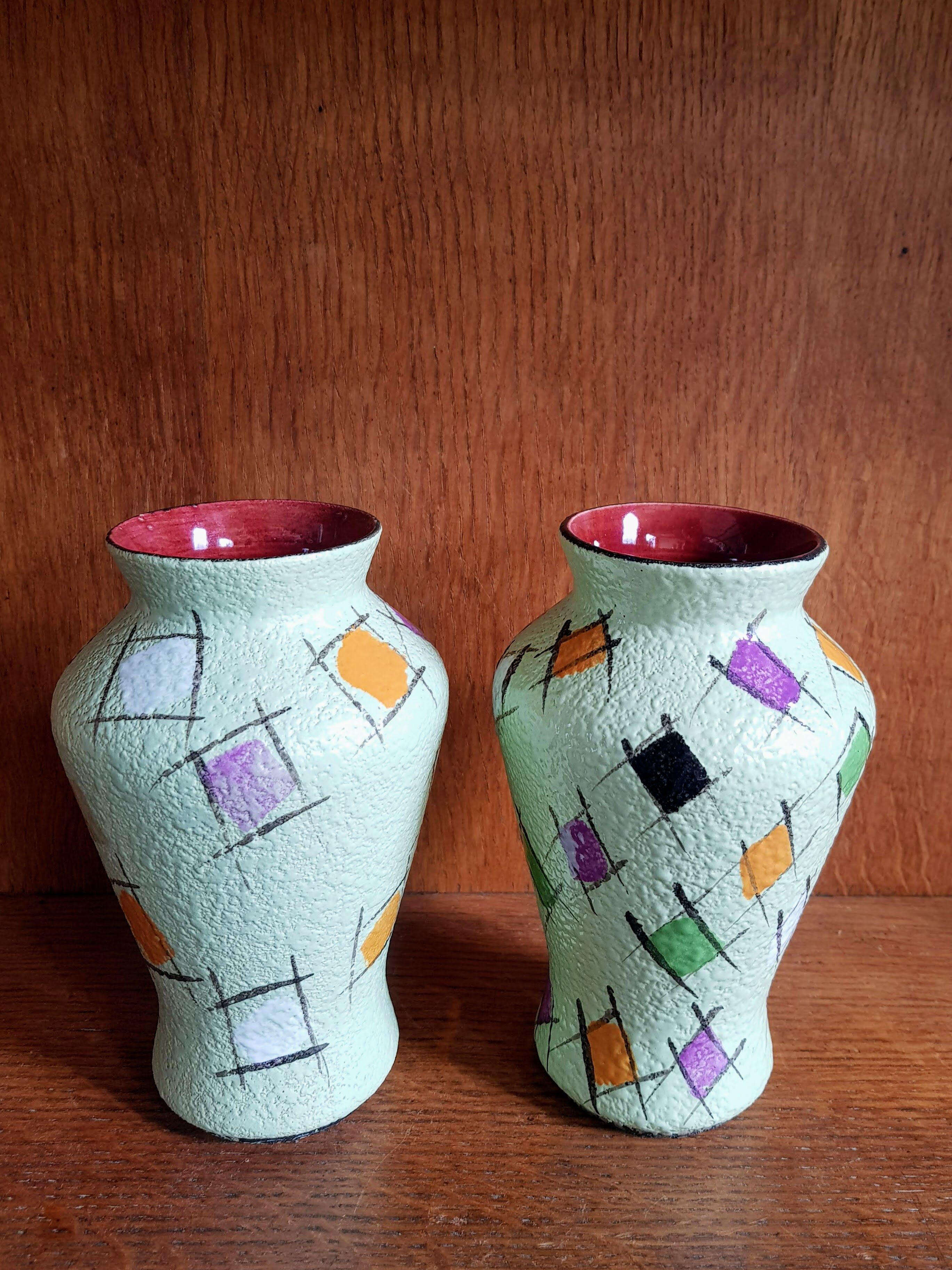 Set of Two Vintage Fat Lava Hand-painted Ceramic Vases by Bay Keramik - West Germany - 1960s