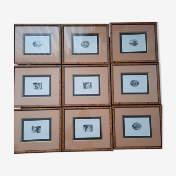 Series of 9 - Engravings (etching) - framed