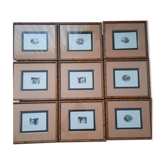 Series of 9 - Engravings (etching) - framed