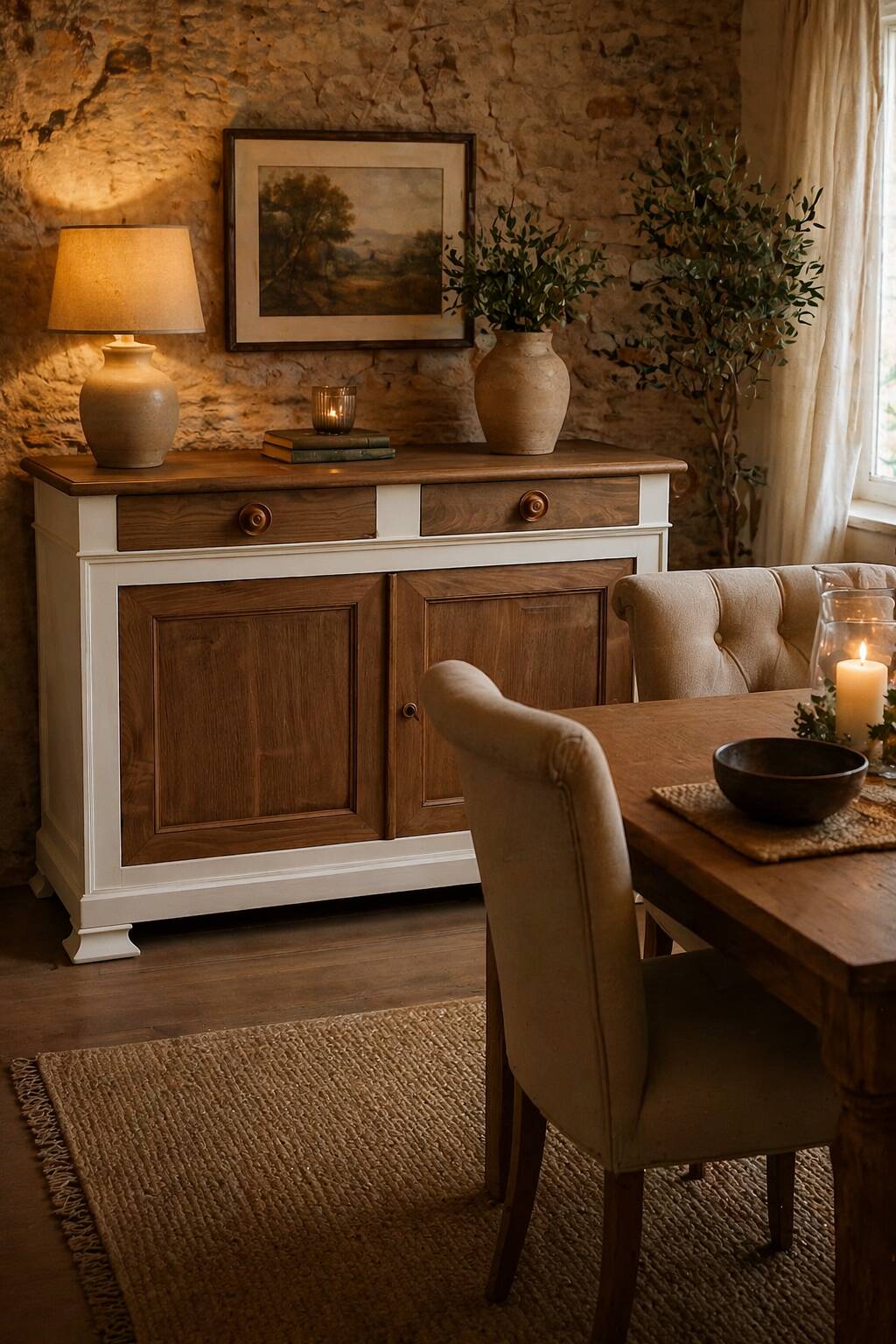 Buffet ancien bois naturel et lin