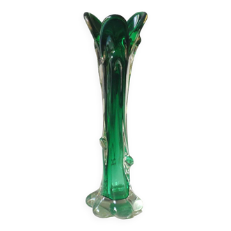Blown art glass vase/murano italy in emerald green tones