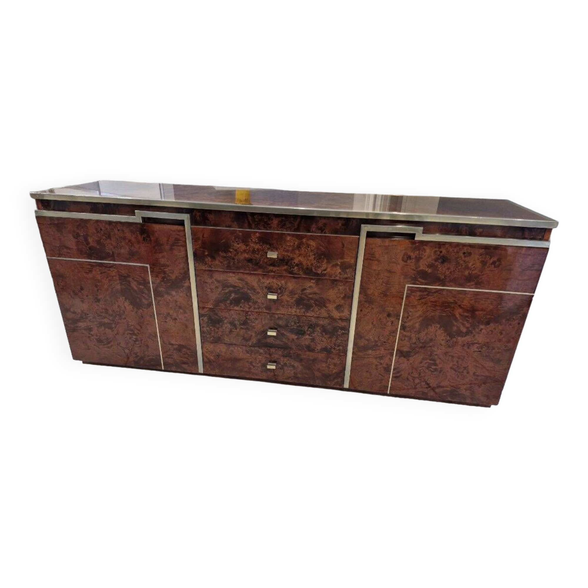 Vintage elm burl and chrome sideboard from the 1970s.