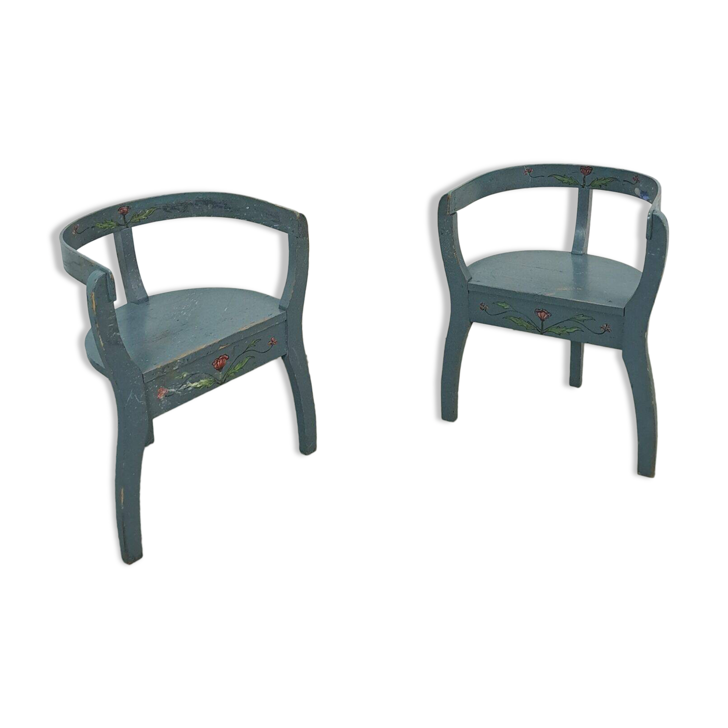 Old wooden blue set of chairs with flowers from Sweden