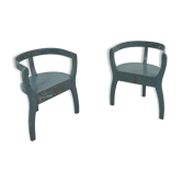 Ancien ensemble de chaises bleues en bois avec des fleurs de Suède