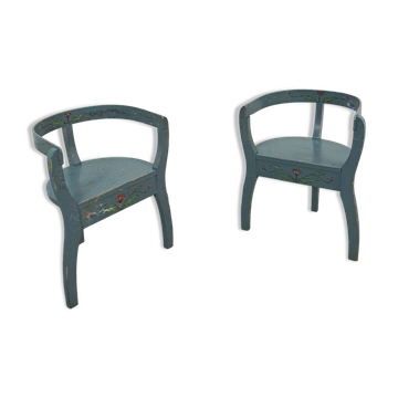 Old wooden blue set of chairs with flowers from Sweden