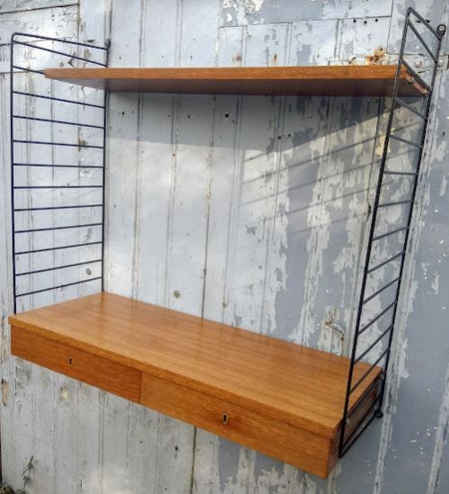 Vintage modular shelf and drawers in teak veneer and black metal, Nisse Strinning, 60s