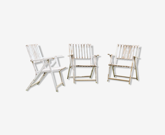 Lot de 3 fauteuils de jardin pliants en bois - vintage