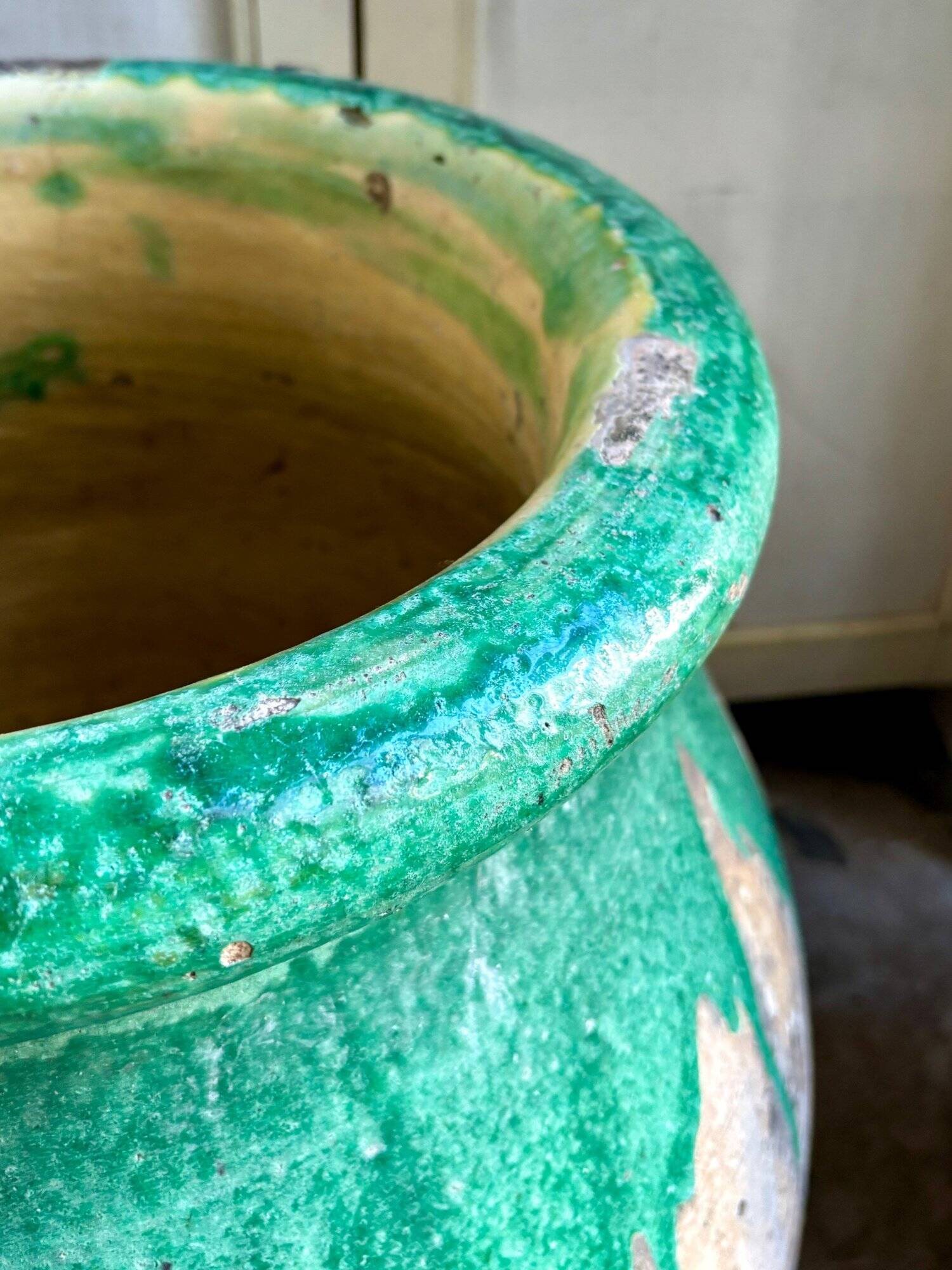 Biot jar, plant pot in beige and green glazed ceramic