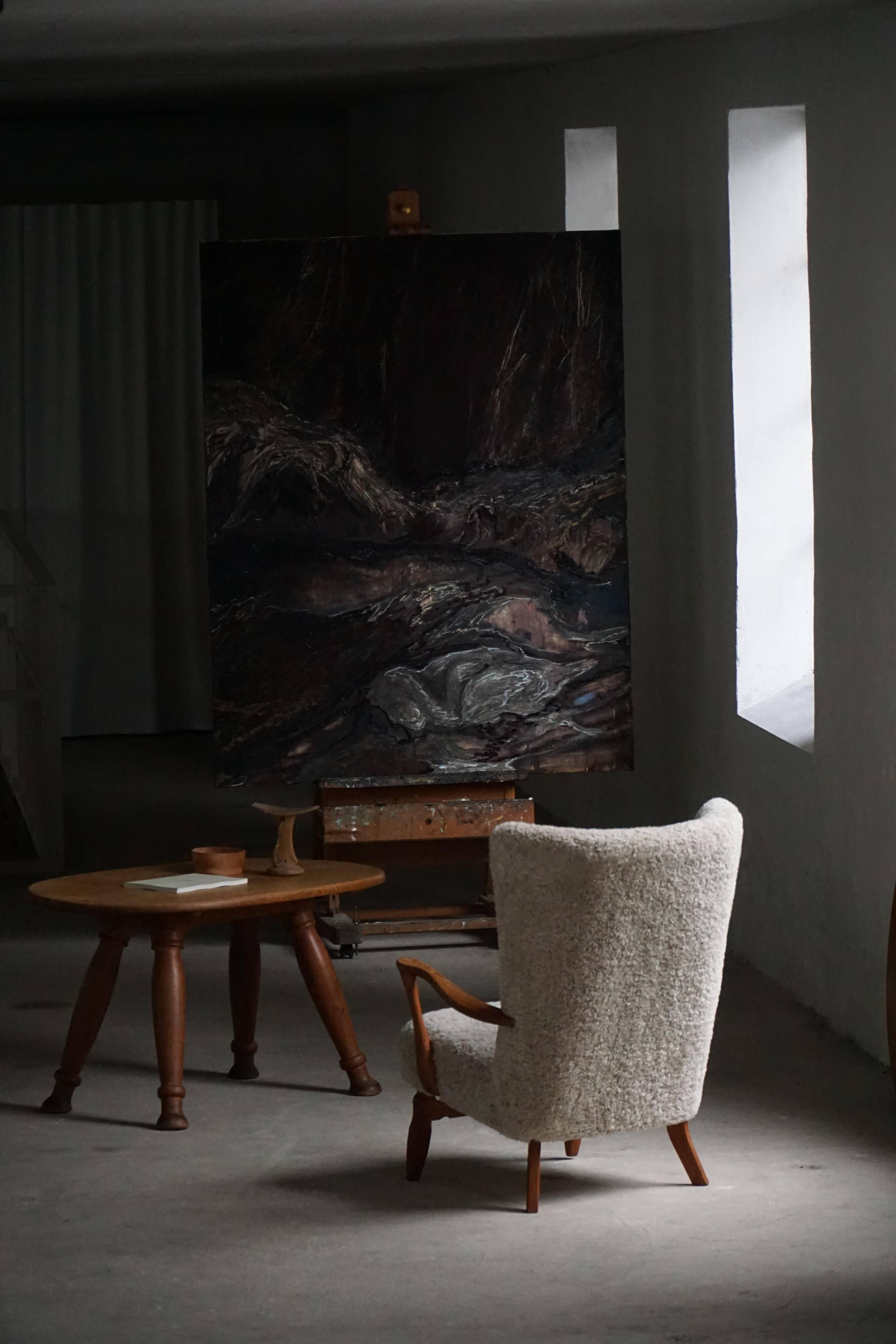 Viggo Boesen, high-back chair in oak and shearling lambskin, modern Danish design, 1950s.