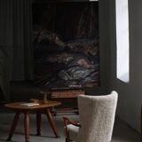 Viggo Boesen, high-back chair in oak and shearling lambskin, modern Danish design, 1950s.