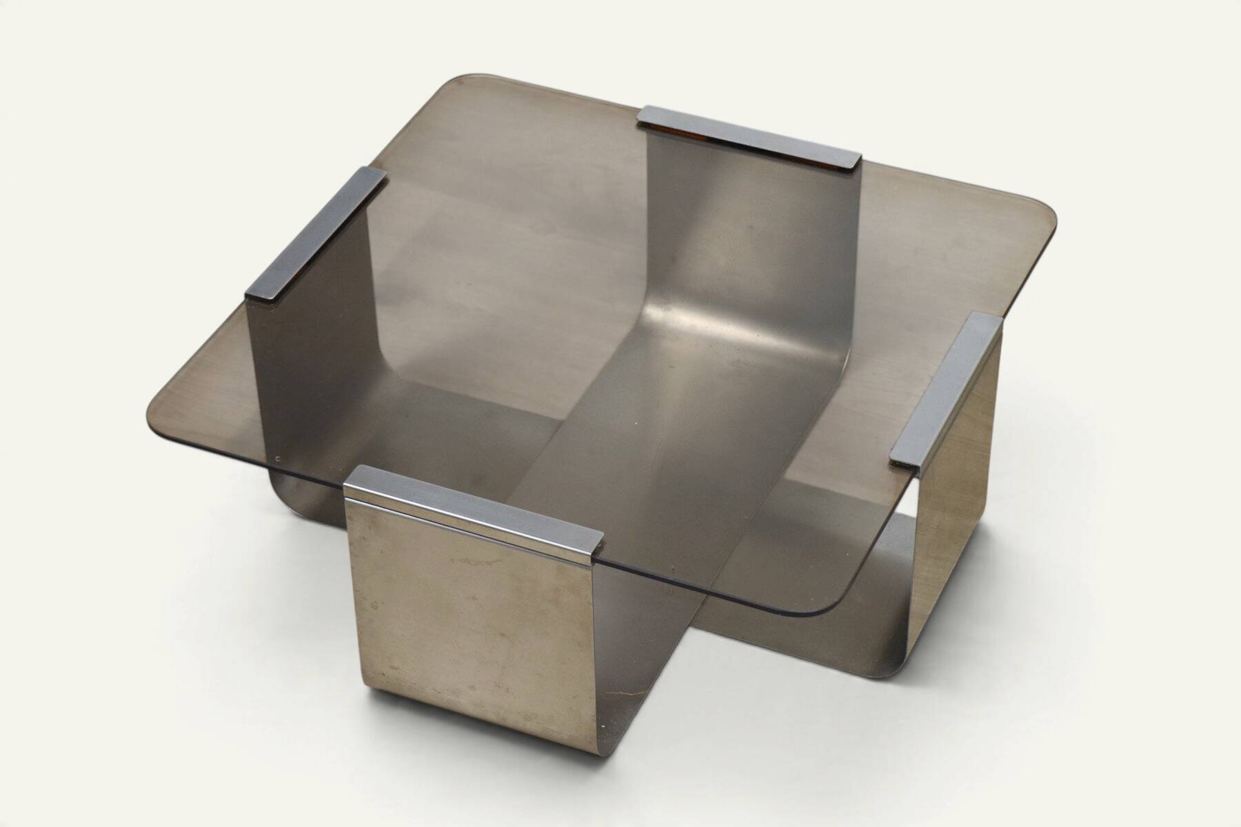 Brushed steel and smoked glass coffee table, by François Monnet – 1970s