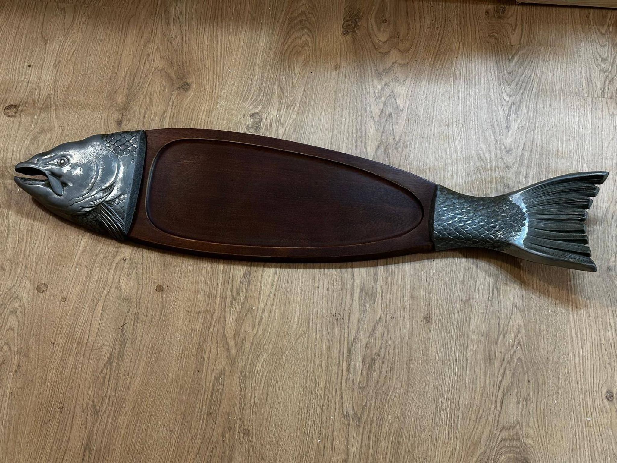 Vintage wooden and metal fish platter – salmon/trout serving tray –
