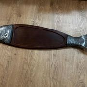 Vintage wooden and metal fish platter – salmon/trout serving tray –