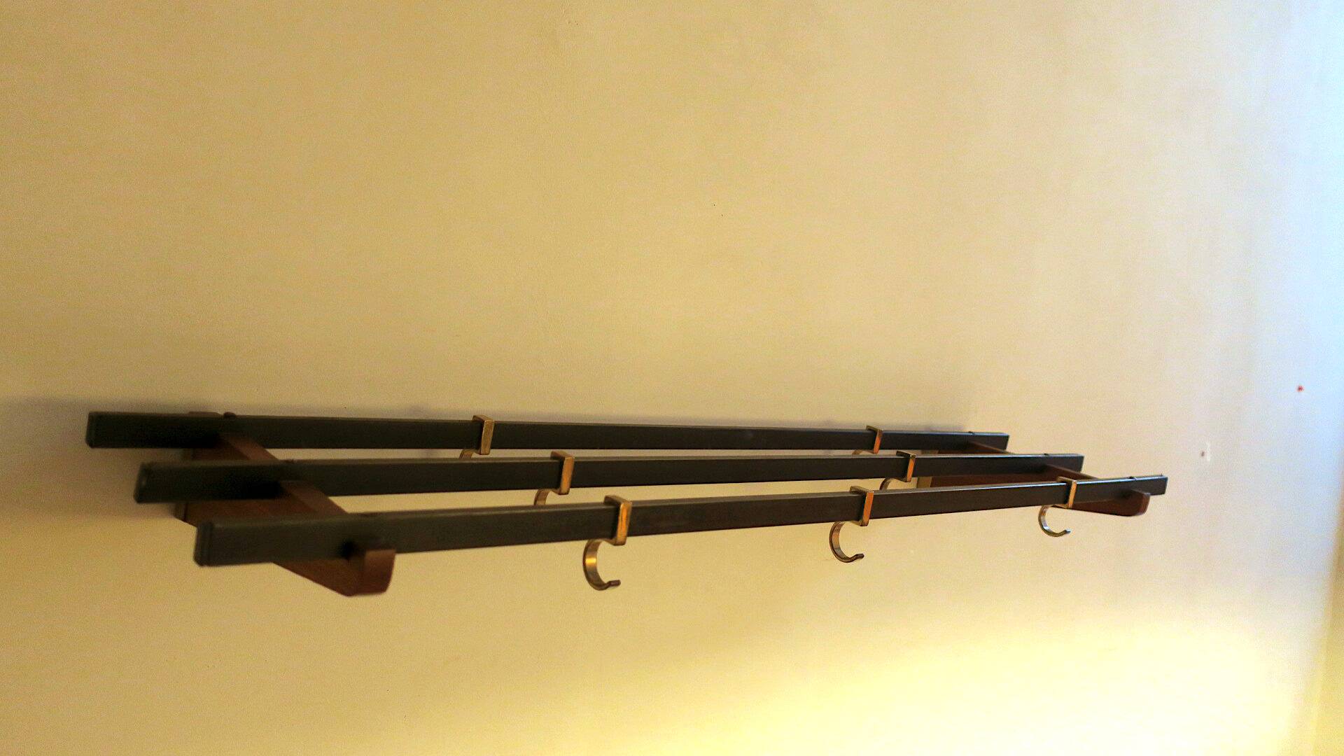 Teak and brass coat and hat rack with 7 sliding hooks, 1960s