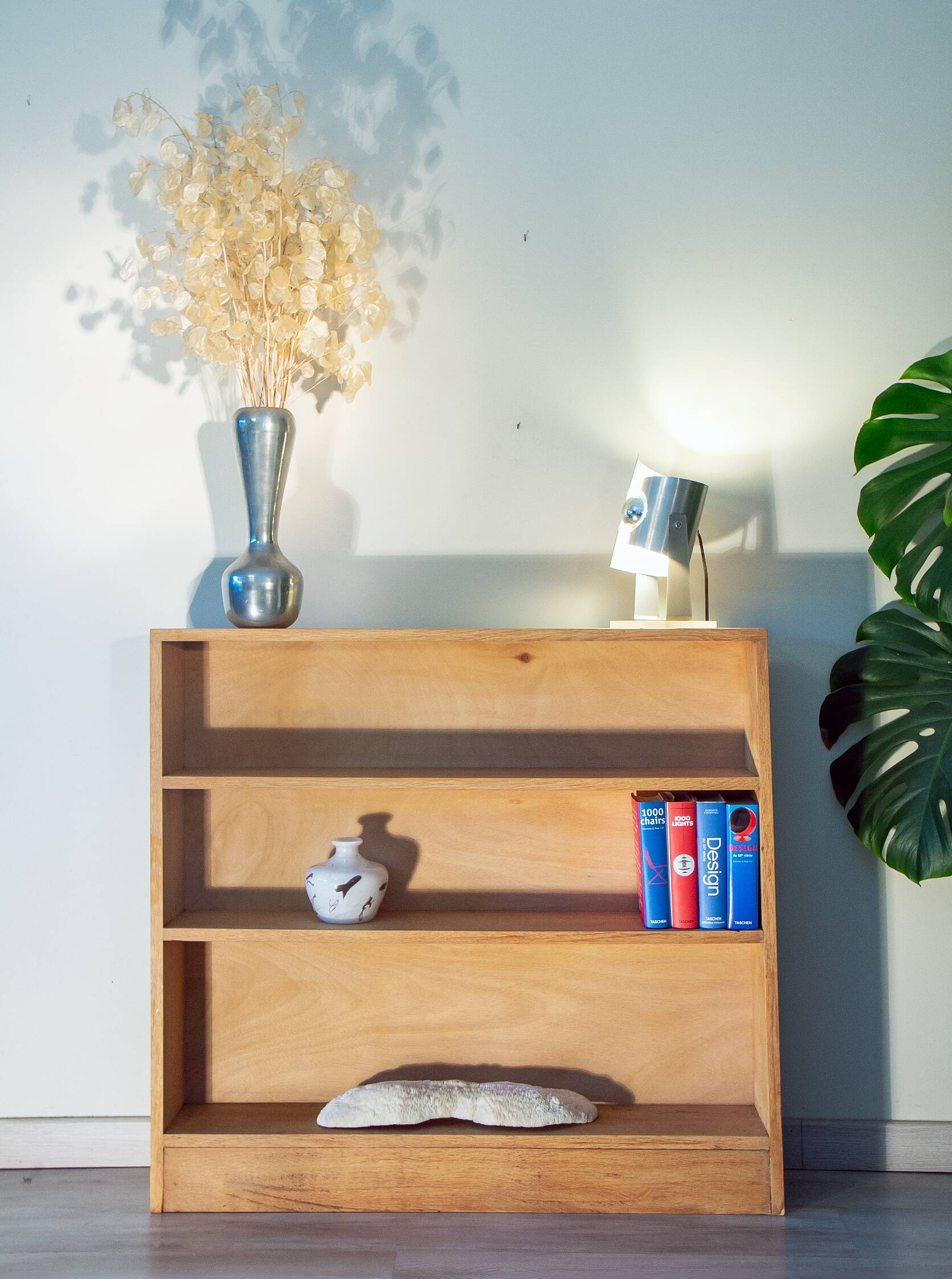 Bookshelf in light, raw solid oak from the 1950s.