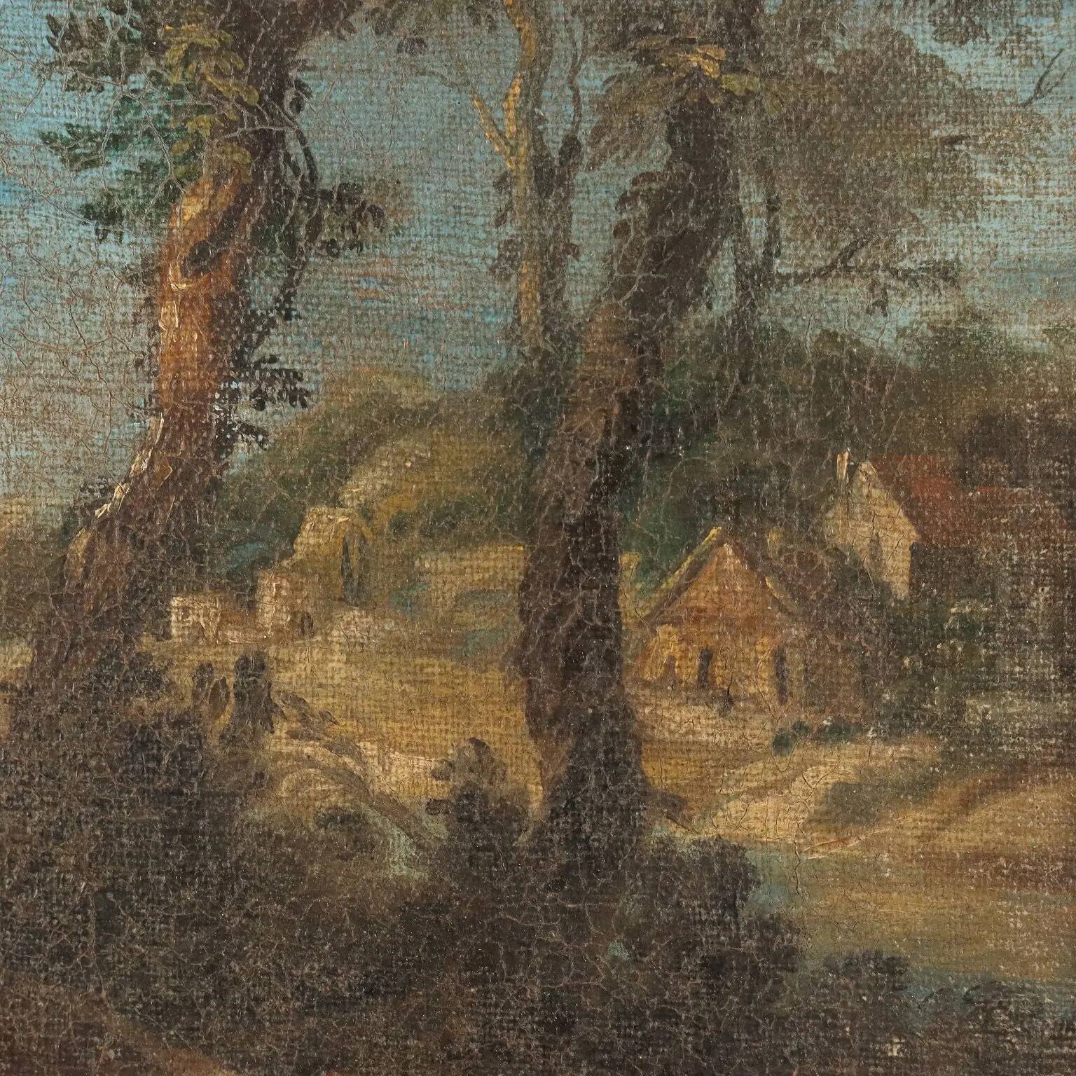 Old painting landscape with bridge, oil on canvas, 18th century