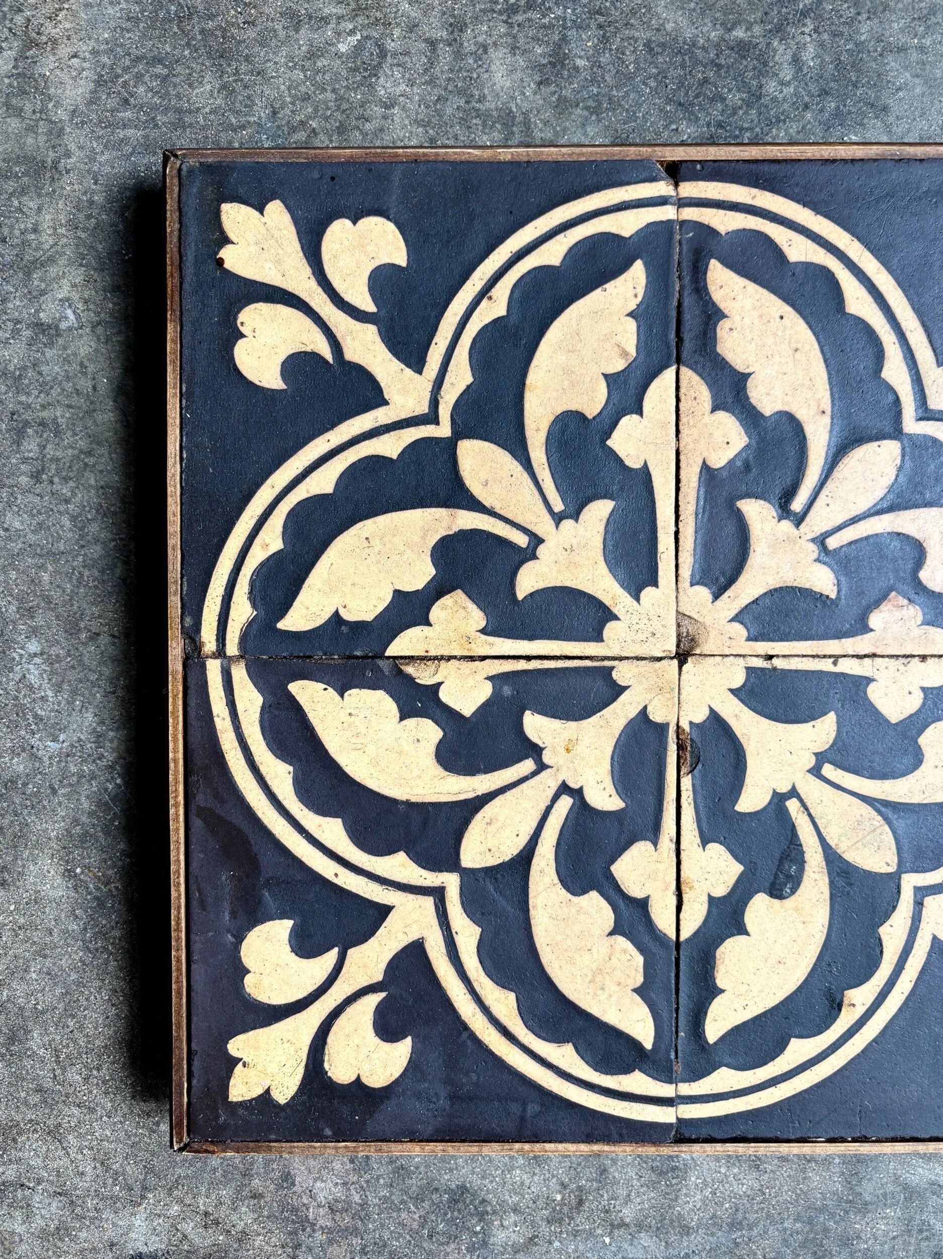 Wooden trivet and cement tiles, 1880