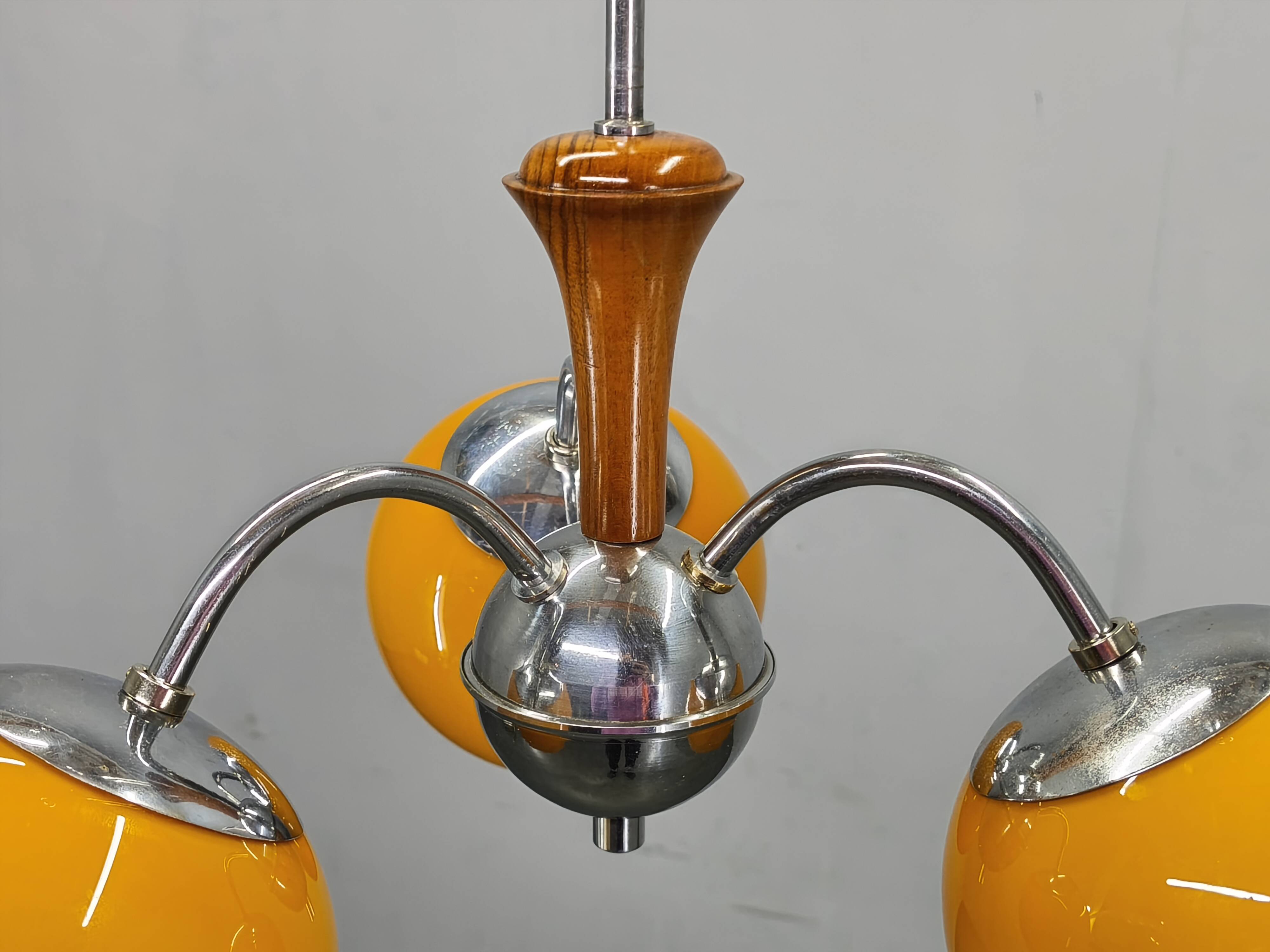 Bauhaus Chandelier with Colored Glass Globes, Czechoslovakia, 1930s