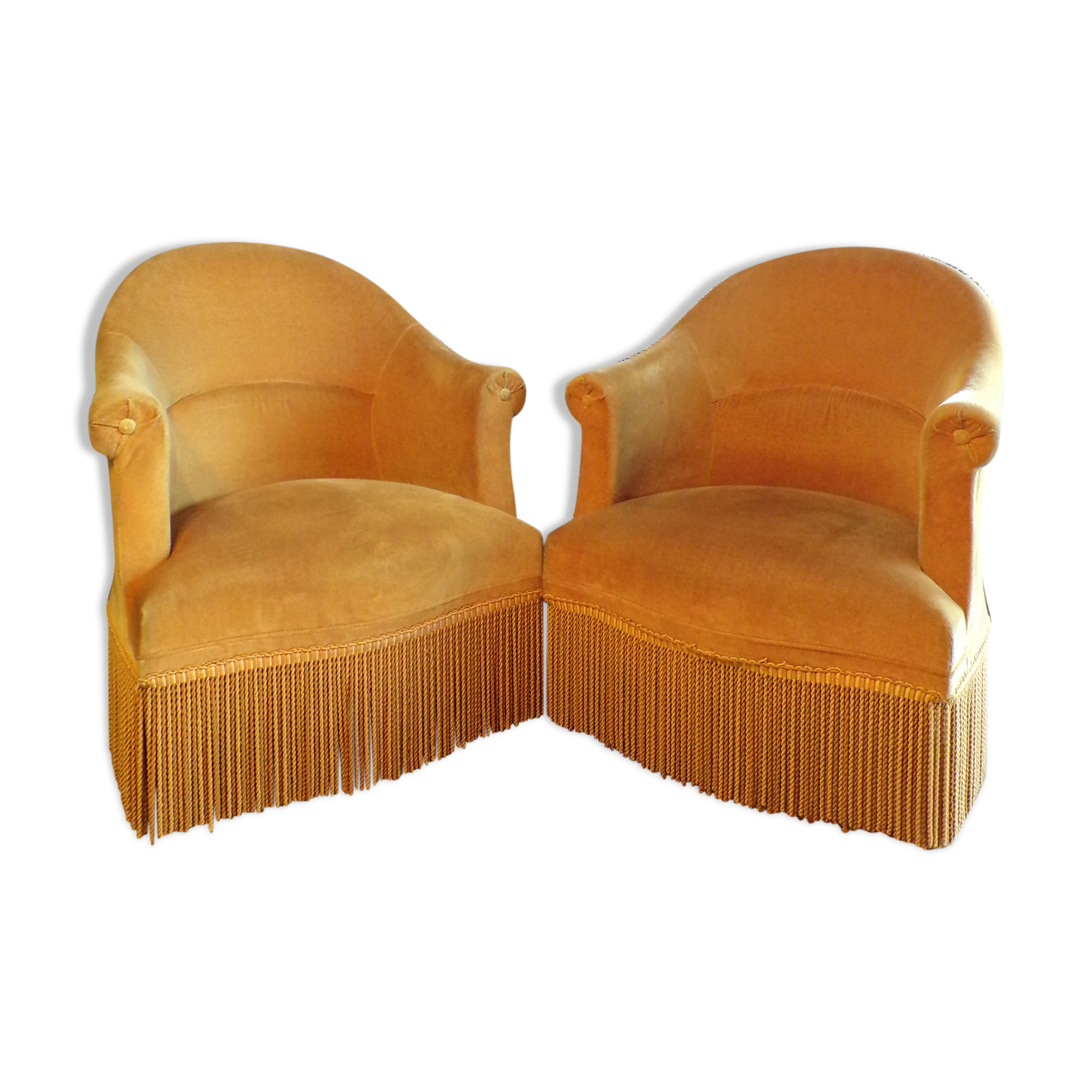 Pair of mustard velvet toad armchairs