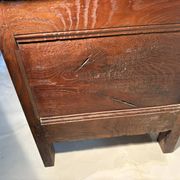 Rustic antique oak chest, original fittings and moulded panels.