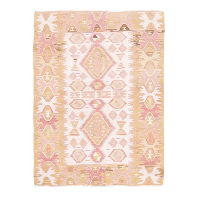 Vintage Turkish Oushak handmade cotton pink wool kilim area rug 120x165