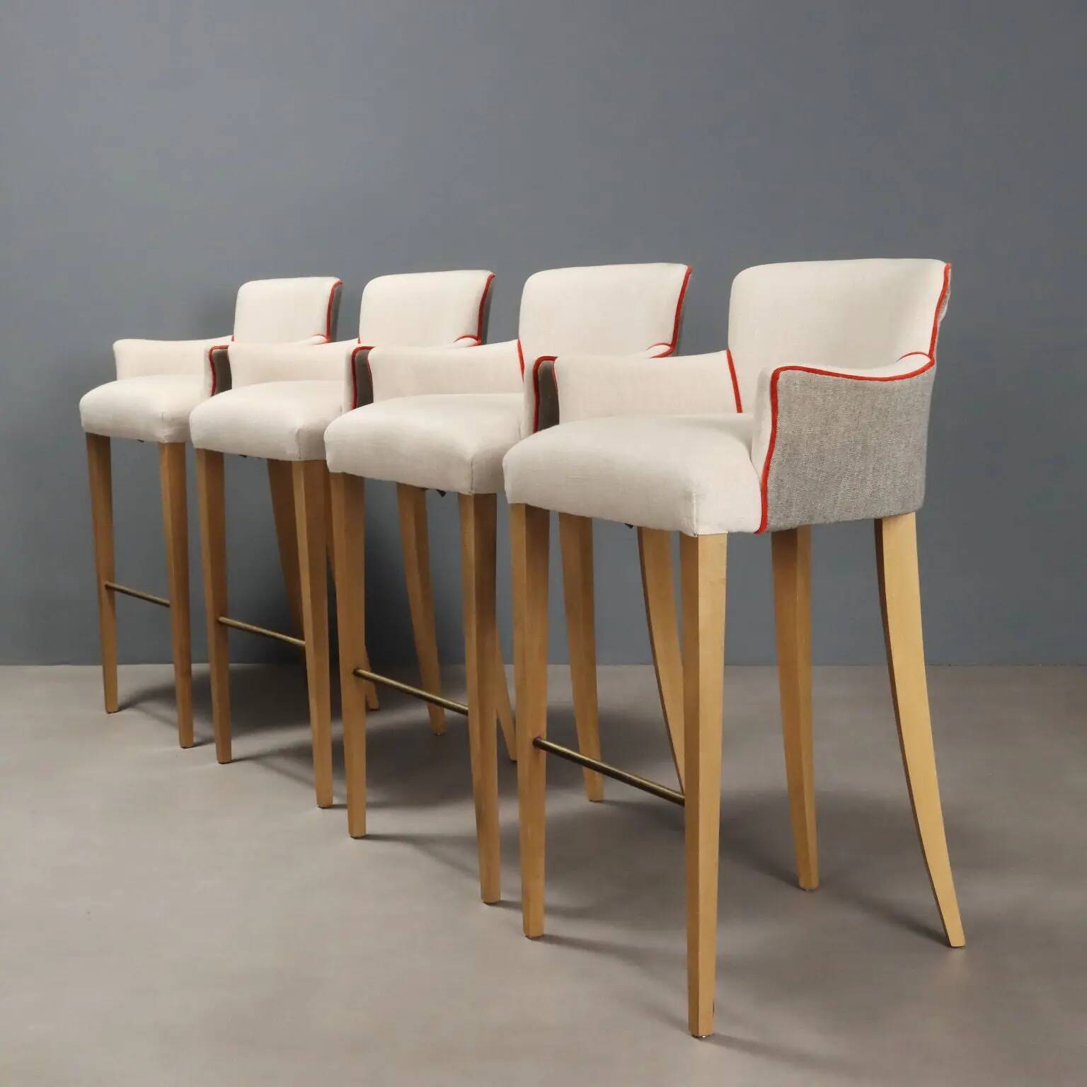 Antique stools by William Yeoward in beech and brass, England, 20th century.