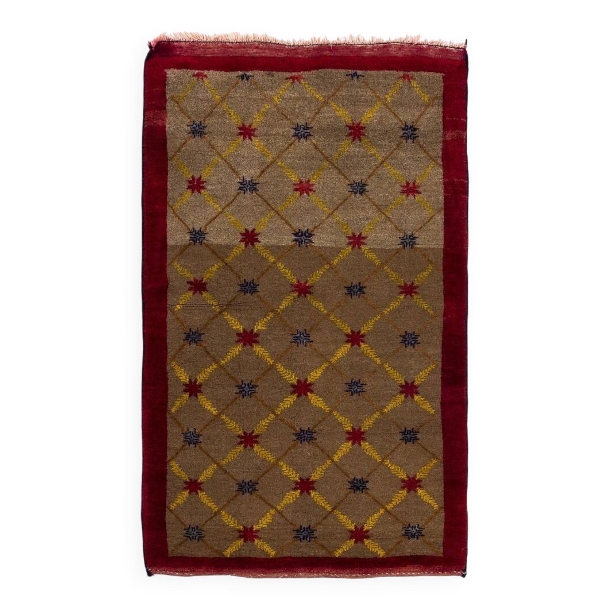 Vintage Hand-Knotted Turkish Karapinar Rug with Lattice Design in Brown, Red and Yellow, 100% Wool
