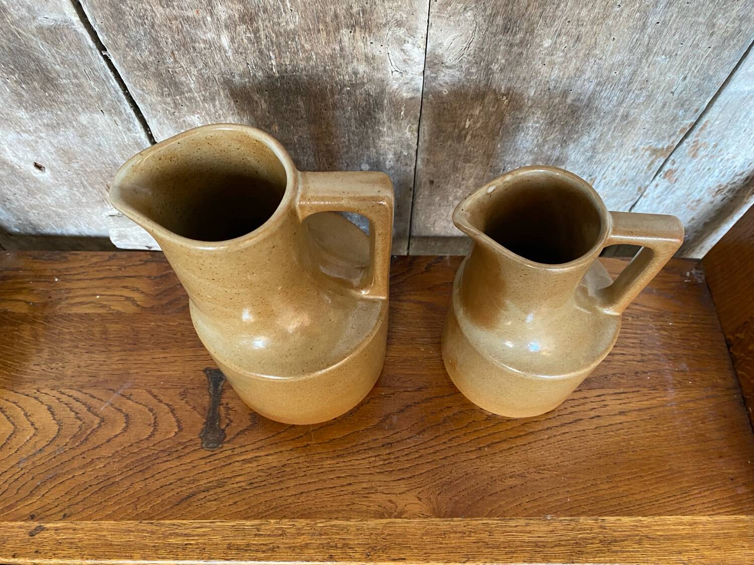 Pair of antique brenne pitchers in beige french stoneware vintage