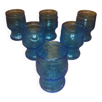 Série de 6 verres fidenza verre moulé bleu made in italy vintage #a398