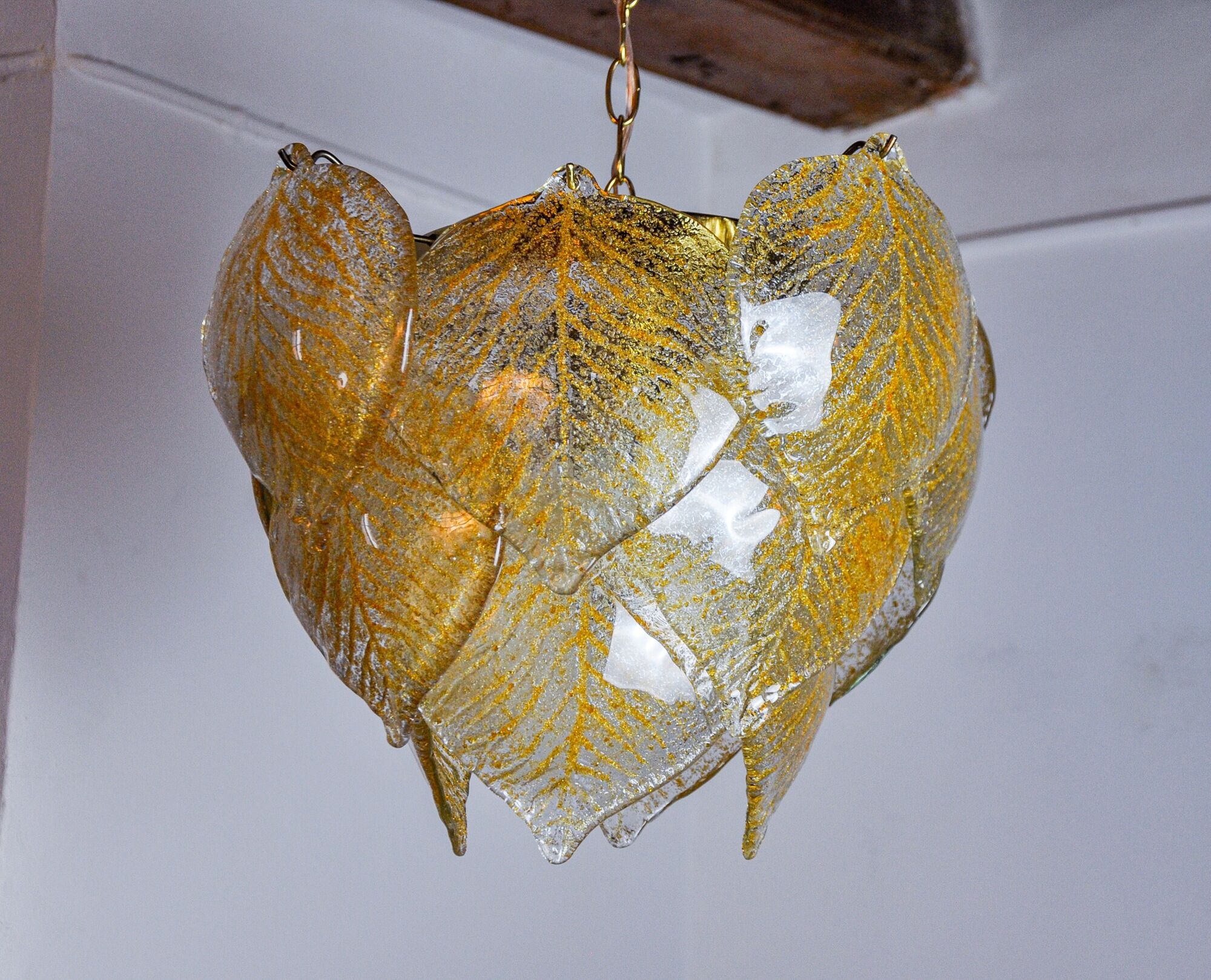 Chandelier leaves Murano Mazzega, gilded frosted glass, italy 1970