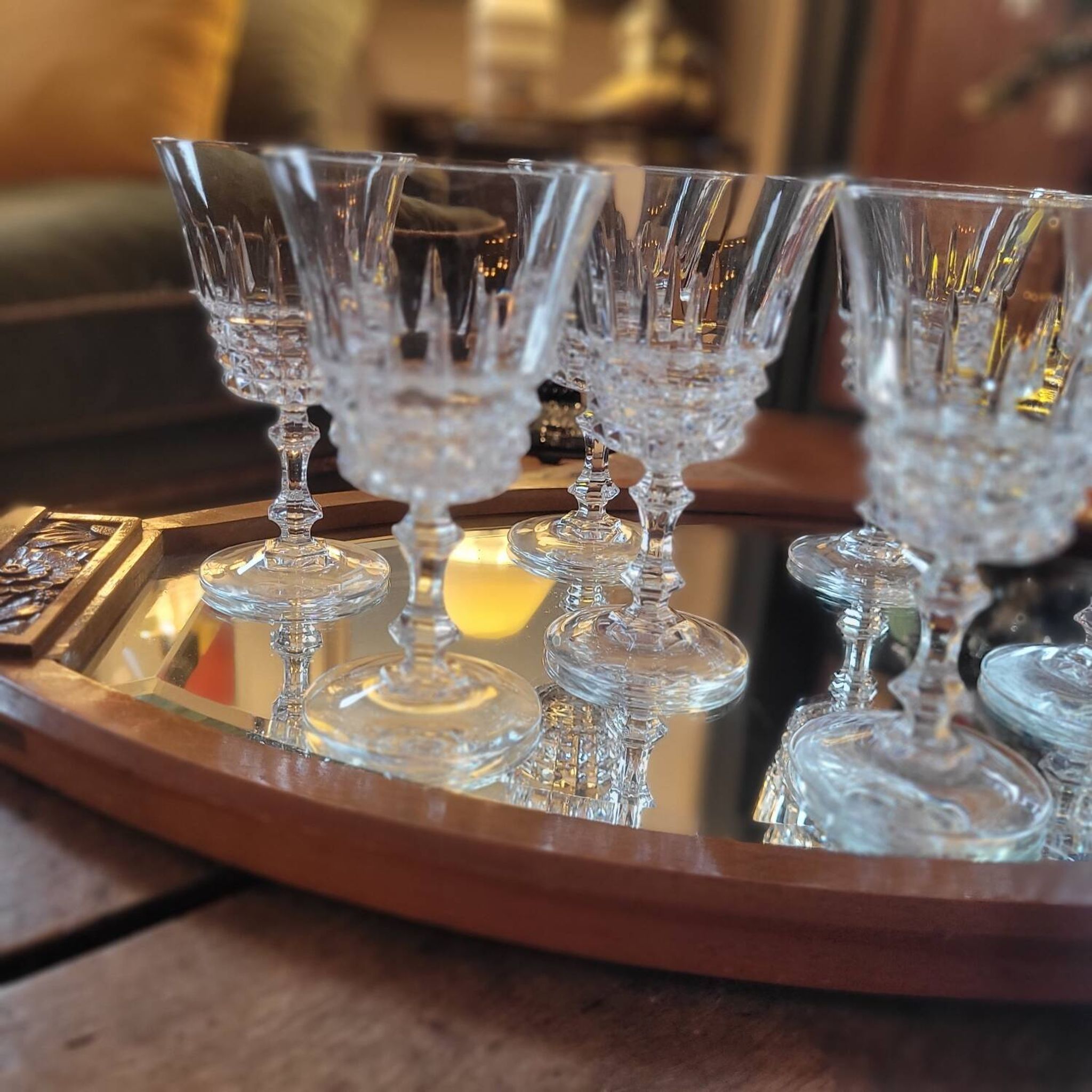 Set of 9 fine cut crystal stemmed glasses - France, circa 1950